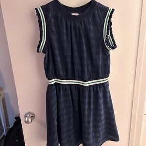 Girls' Navy Eyelet Casual Dress with Green-Trim Waist